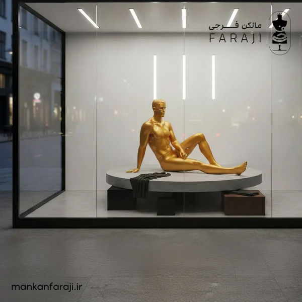 Golden male mannequin sitting full body model 105